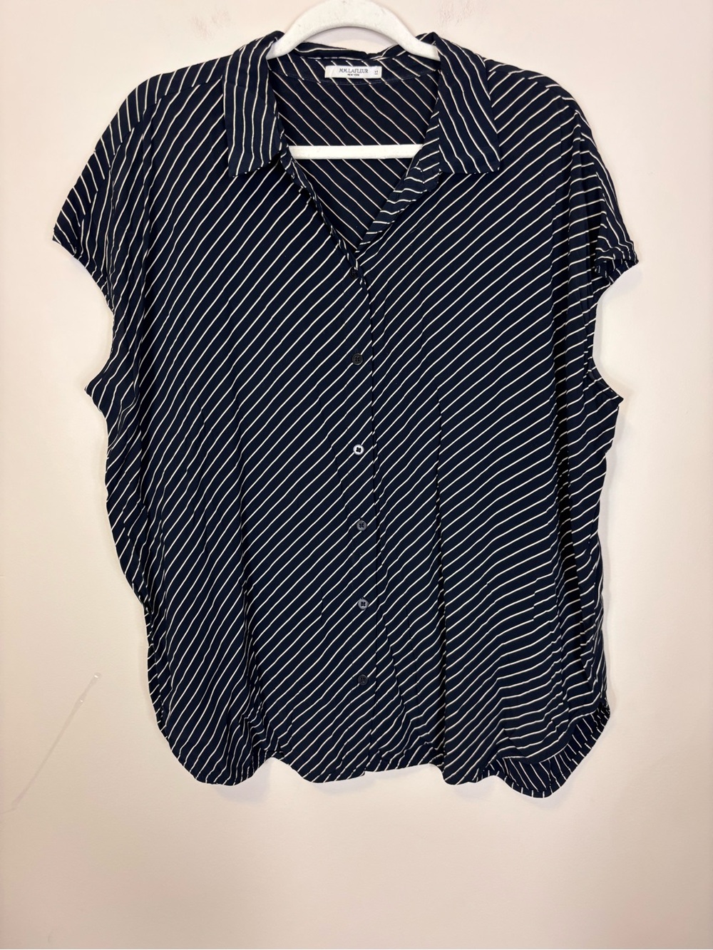 MM Lafleur Navy and Cream Diagonal Stripe Button-Down Top 1X